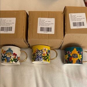 Anthropologie Luxury Cat-Themed Mug Set with Gold Accents NWT